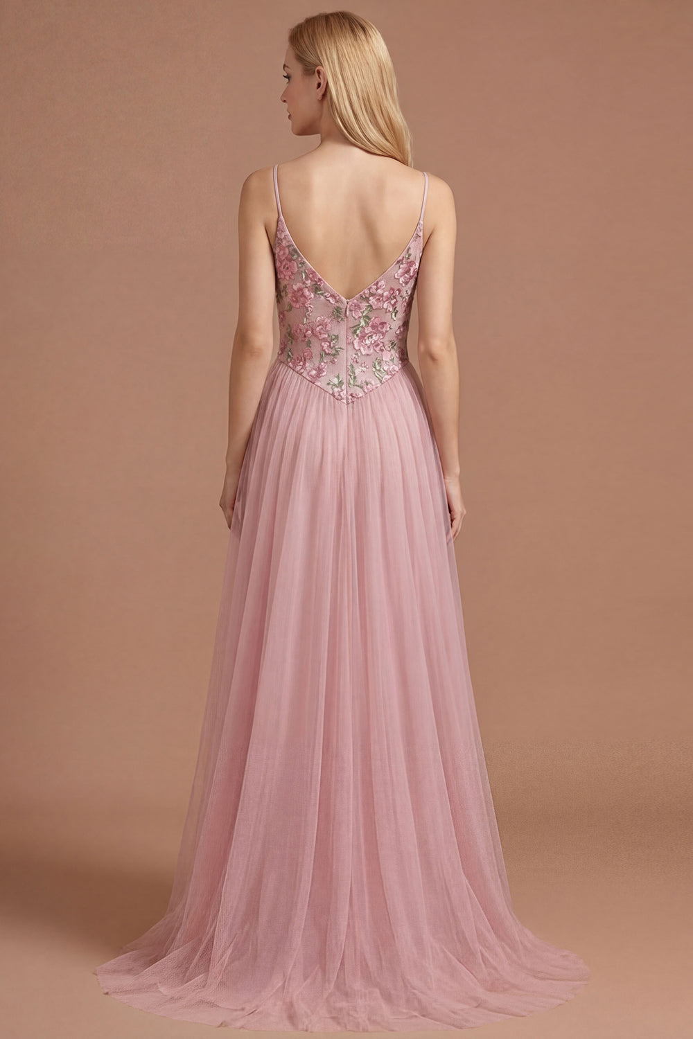 Pink A Line Floral Spaghetti Straps Appliqued Long Prom Dress