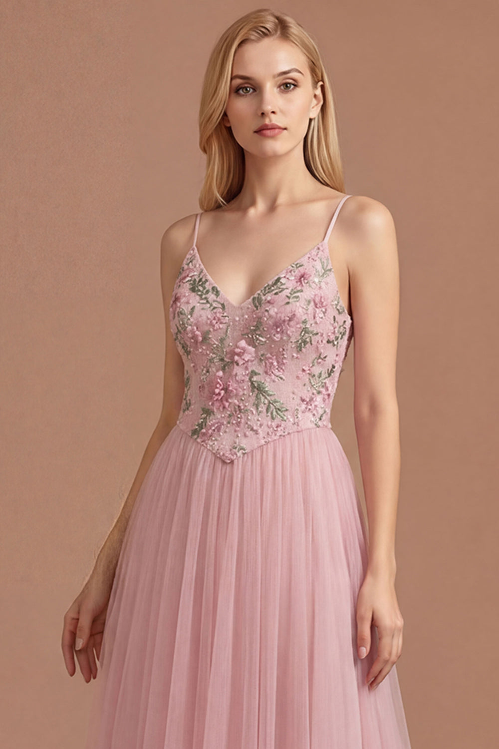 Pink A Line Floral Spaghetti Straps Appliqued Long Prom Dress