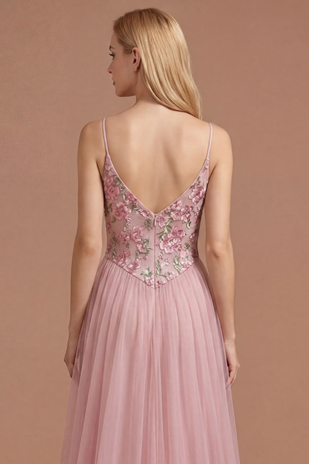 Pink A Line Floral Spaghetti Straps Appliqued Long Prom Dress