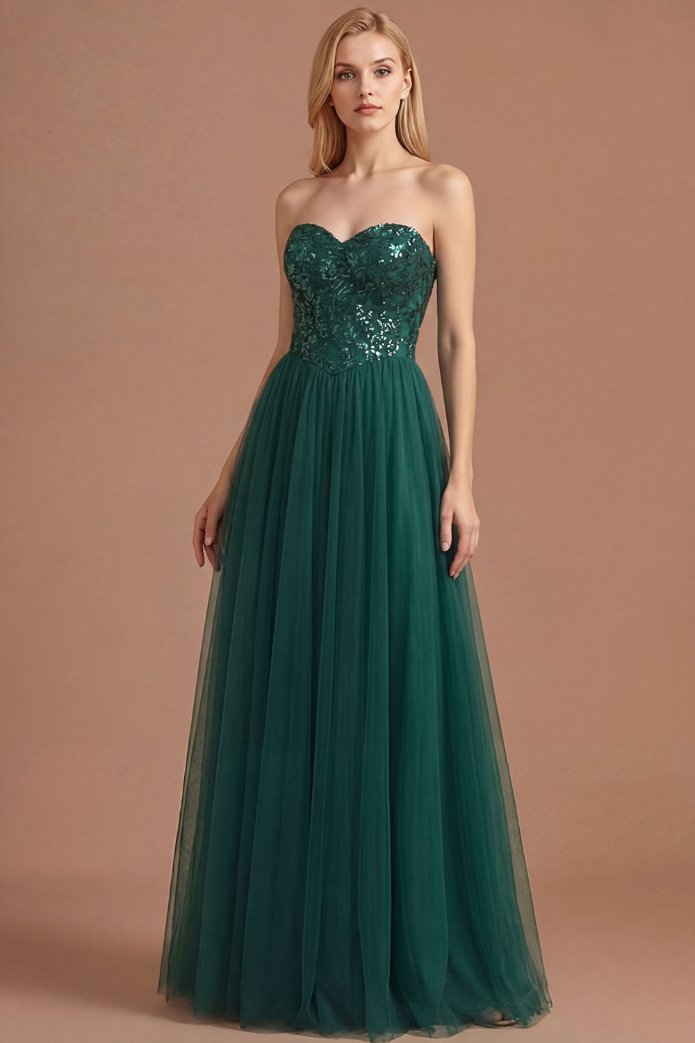 Dark Green Floral Thick Straps Sparkly Sequined Long Prom Dress