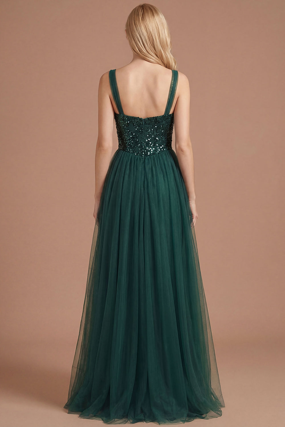 Dark Green Floral Thick Straps Sparkly Sequined Long Prom Dress