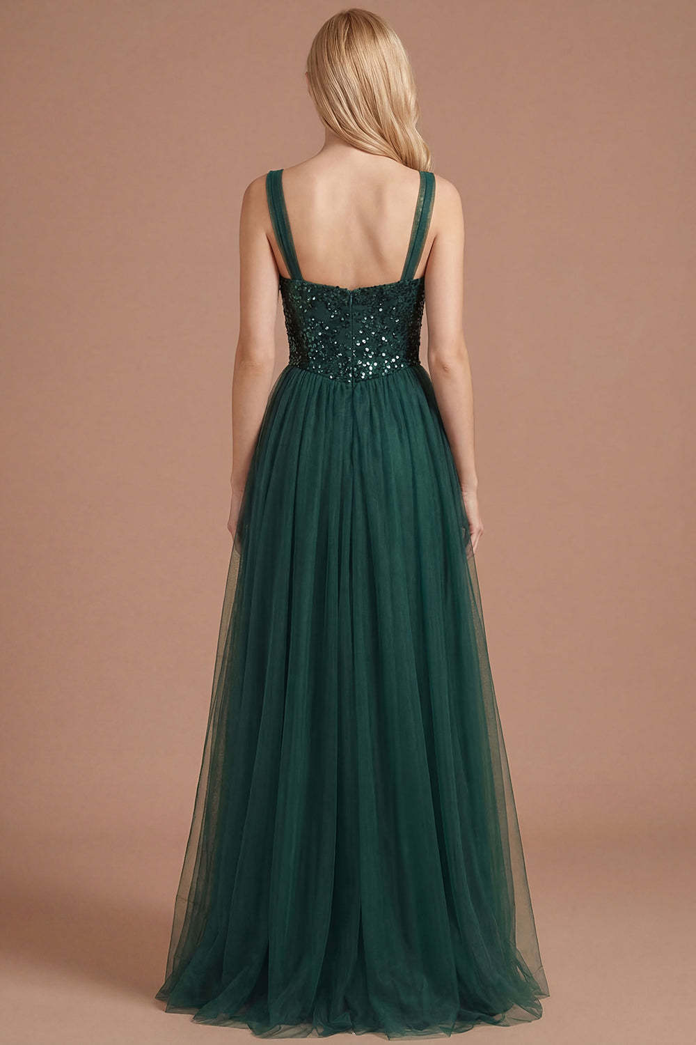 Dark Green Floral Thick Straps Sparkly Sequined Long Prom Dress