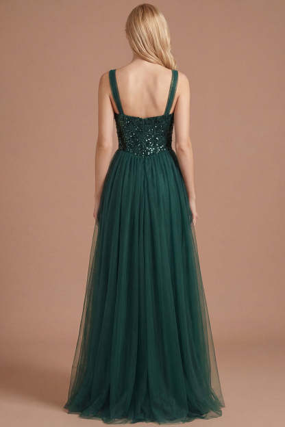Dark Green Floral Thick Straps Sparkly Sequined Long Prom Dress