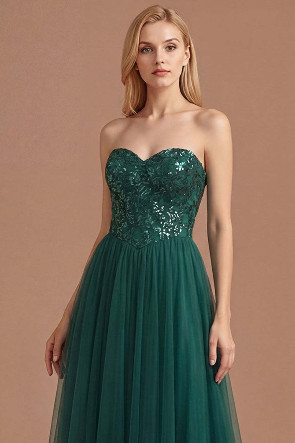 Dark Green Floral Thick Straps Sparkly Sequined Long Prom Dress