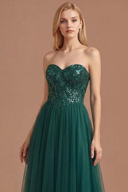 Dark Green Floral Thick Straps Sparkly Sequined Long Prom Dress