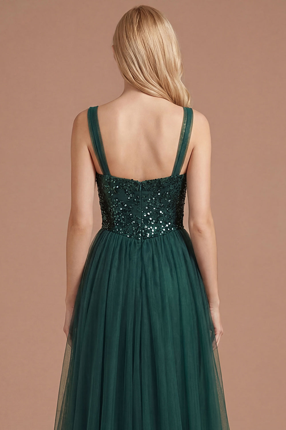 Dark Green Floral Thick Straps Sparkly Sequined Long Prom Dress