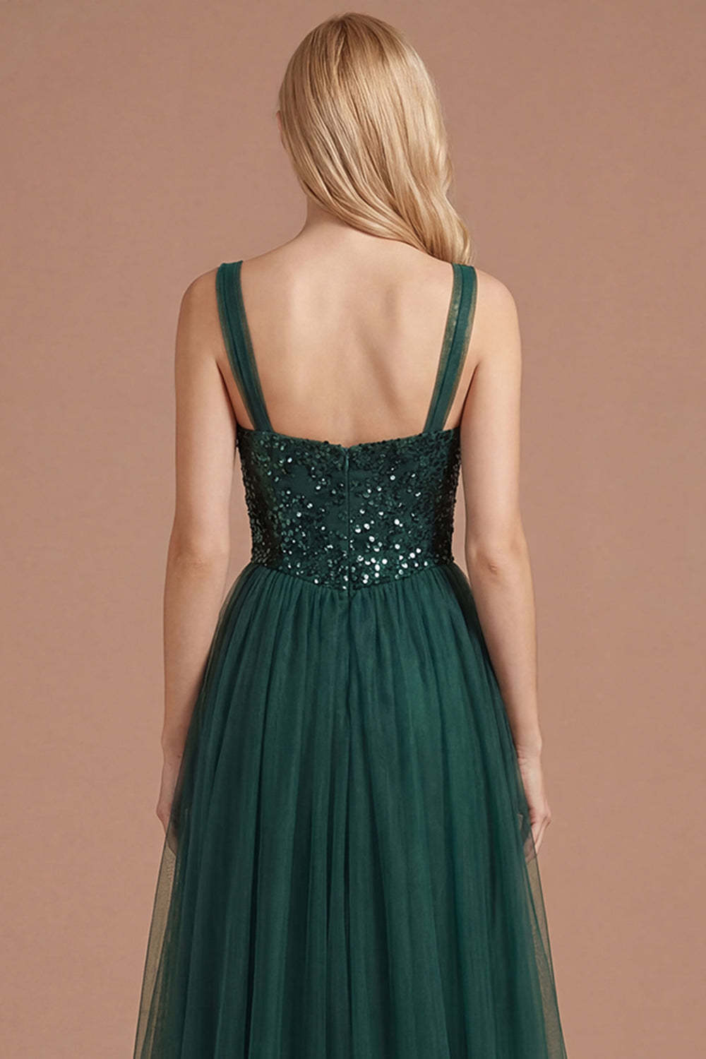 Dark Green Floral Thick Straps Sparkly Sequined Long Prom Dress