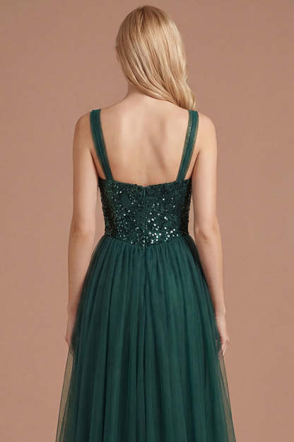 Dark Green Floral Thick Straps Sparkly Sequined Long Prom Dress