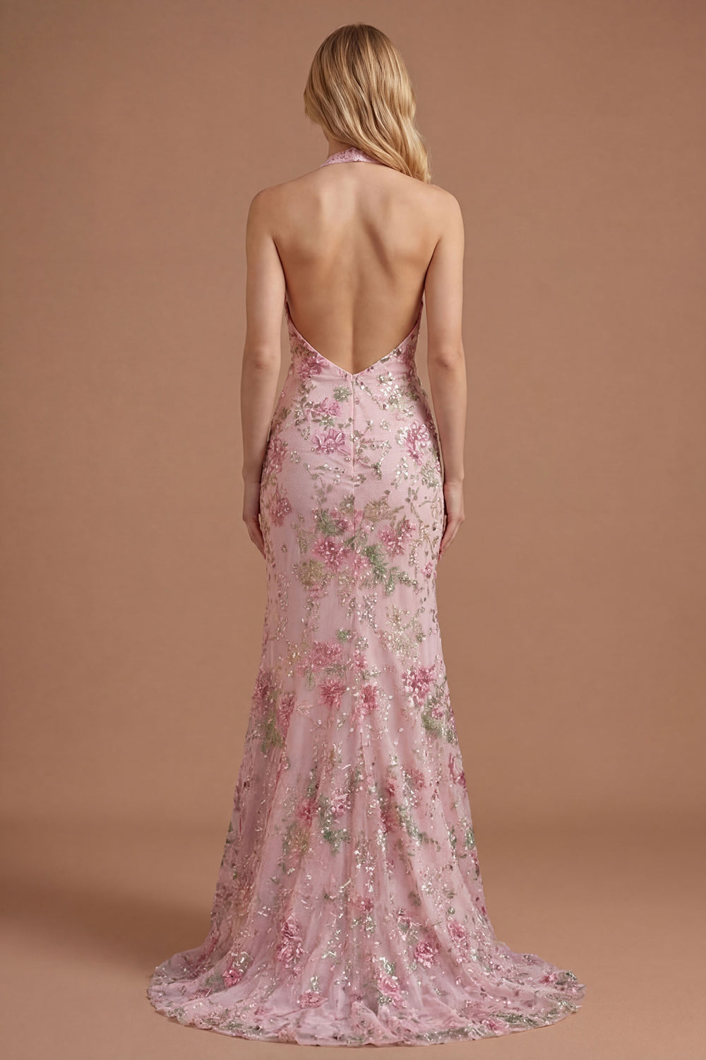 Pink Floral Halter Neck Mermaid Appliqued Long Prom Dress with Slit