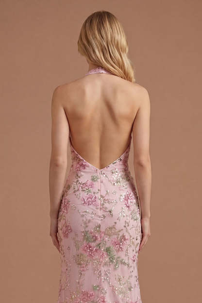 Pink Floral Halter Neck Mermaid Appliqued Long Prom Dress with Slit
