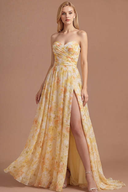 Leely Women Yellow A Line Floral Backless Long Prom Dress with Slit Sweetheart Sleeveless Wedding Guest Dress