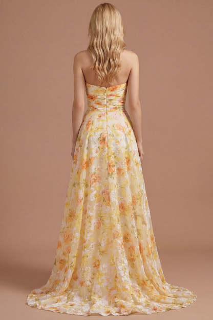 Yellow A Line Floral Sweetheart Backless Long Prom Dress with Slit