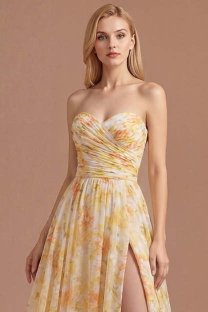 Yellow A Line Floral Sweetheart Backless Long Prom Dress with Slit