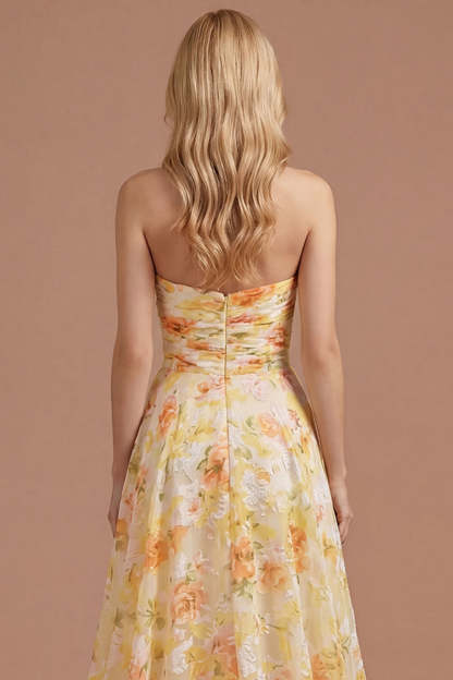 Yellow A Line Floral Sweetheart Backless Long Prom Dress with Slit