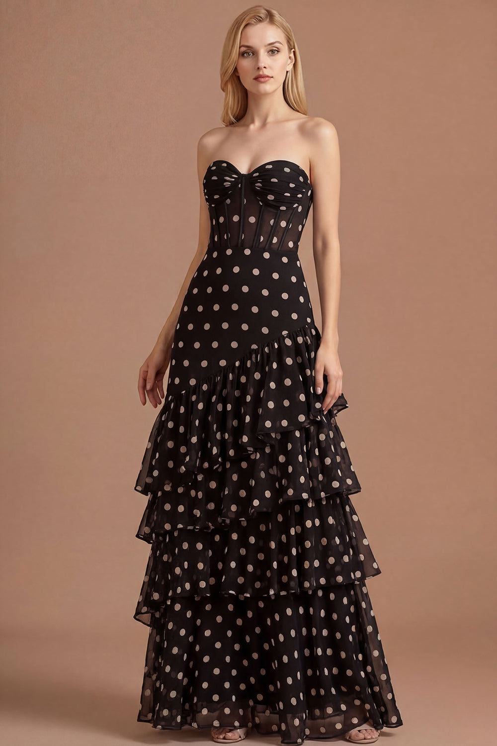 Leely Women Black Ruffled Corset Tiered A Line Long Prom Dress Sweetheart Backless Sleeveless Wedding Guest Dress