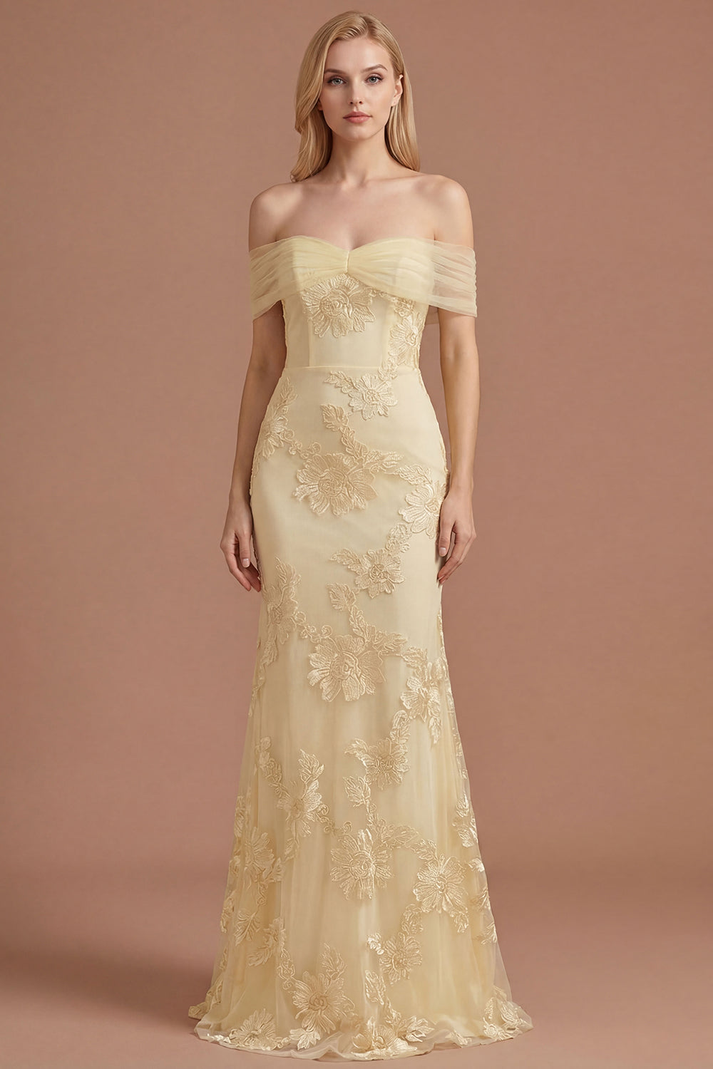 Yellow Sheath Floral Appliqued Off the Shoulder Long Prom Dress