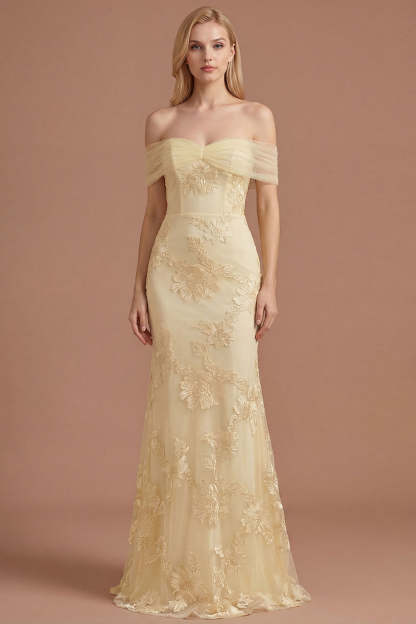 Leely Women Yellow Sheath Floral Appliqued Long Prom Dress Off the Shoulder Backless Sleeveless Wedding Guest Dress