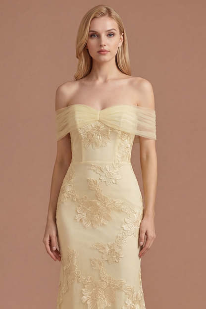 Yellow Sheath Floral Appliqued Off the Shoulder Long Prom Dress