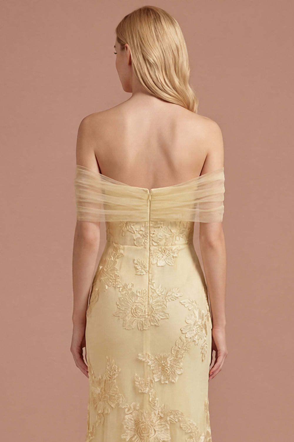 Yellow Sheath Floral Appliqued Off the Shoulder Long Prom Dress