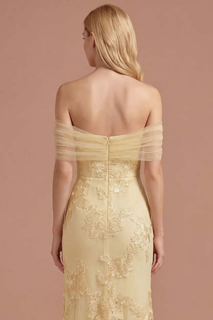 Yellow Sheath Floral Appliqued Off the Shoulder Long Prom Dress