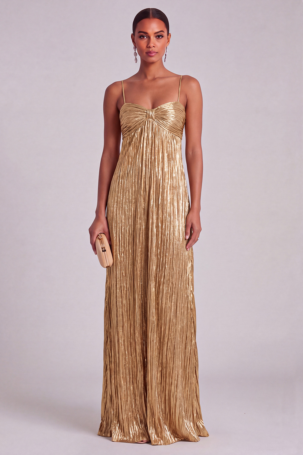 Leely Women Gold Spaghetti Straps Pleated A Line Long Prom Dress Backless Sleeveless Evening Dress
