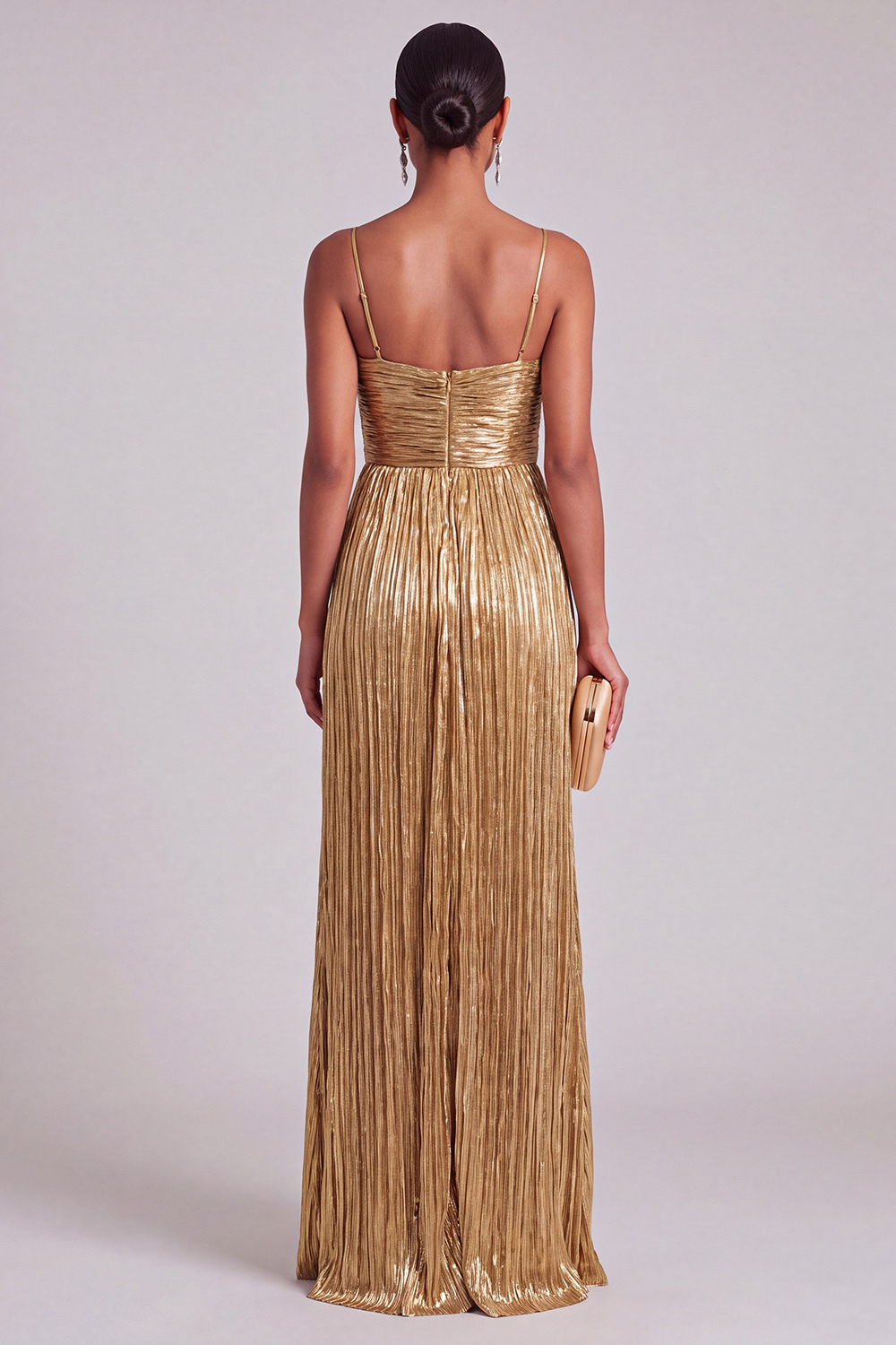 Gold Spaghetti Straps Pleated A Line Long Prom Dress