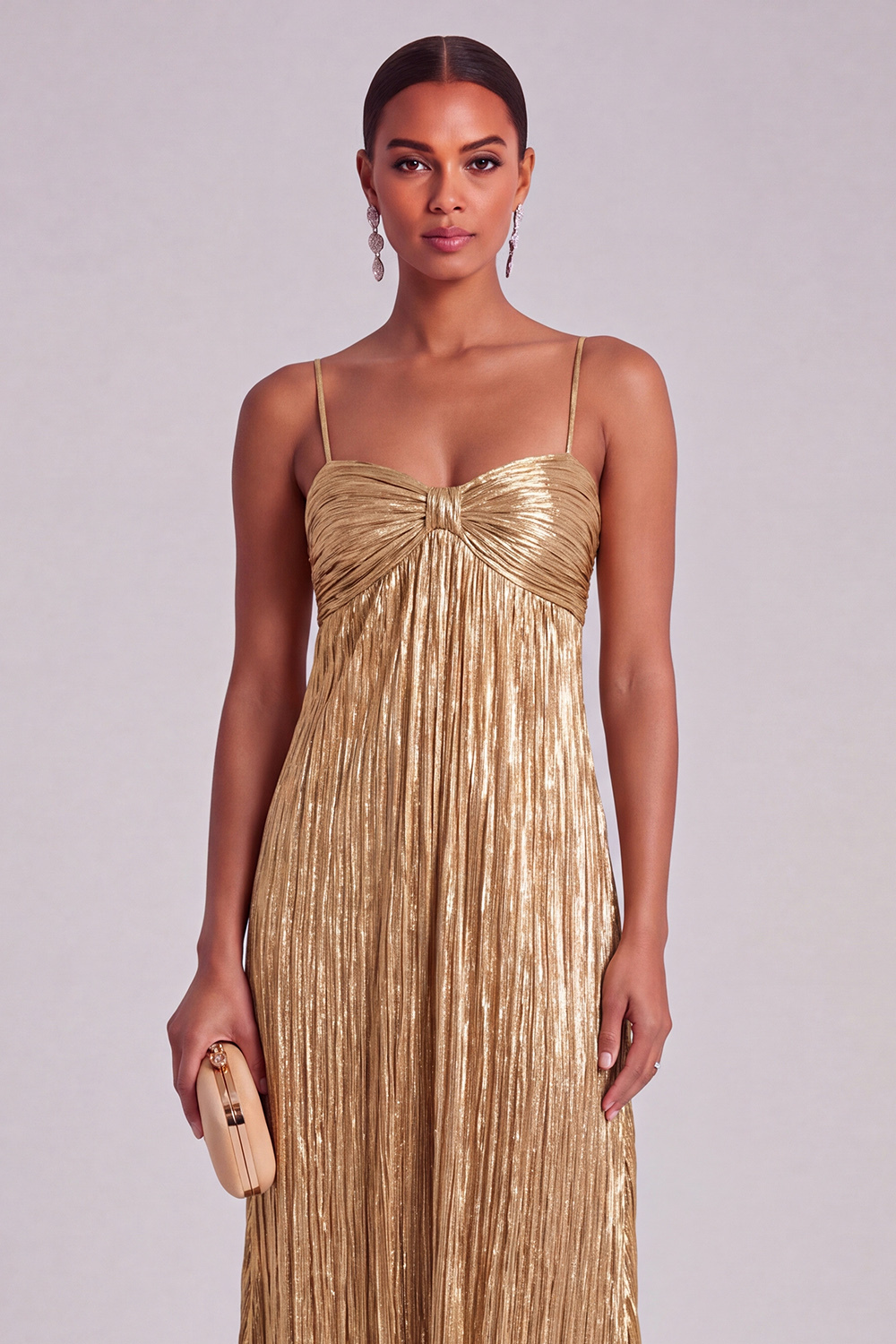 Gold Spaghetti Straps Pleated A Line Long Prom Dress