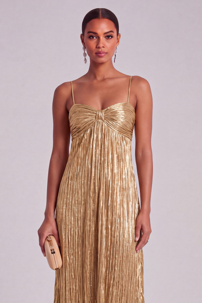 Gold Spaghetti Straps Pleated A Line Long Prom Dress