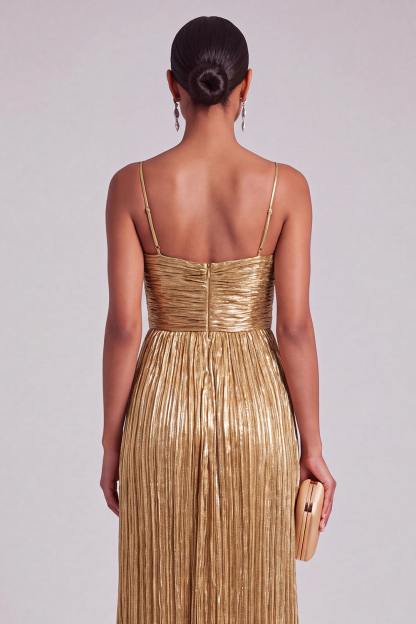 Gold Spaghetti Straps Pleated A Line Long Prom Dress