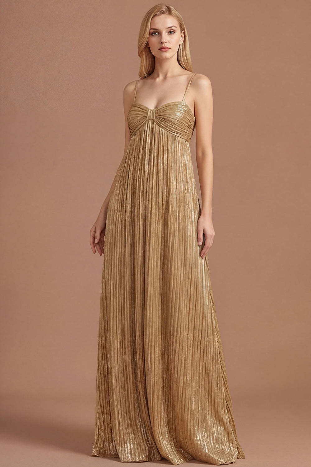 Leely Women Gold Spaghetti Straps Pleated A Line Long Prom Dress Backless Sleeveless Evening Dress