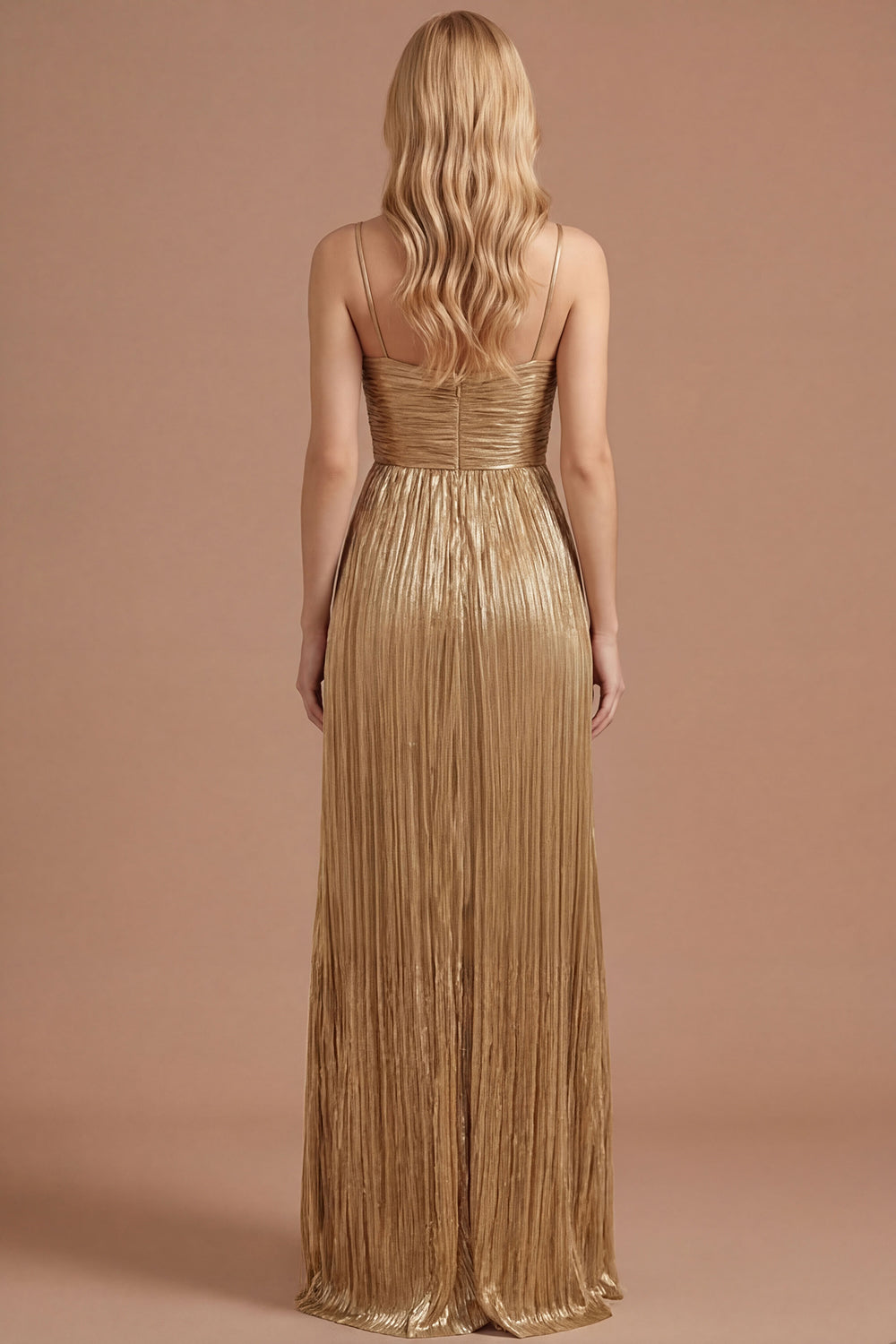 Gold Spaghetti Straps Pleated A Line Long Prom Dress