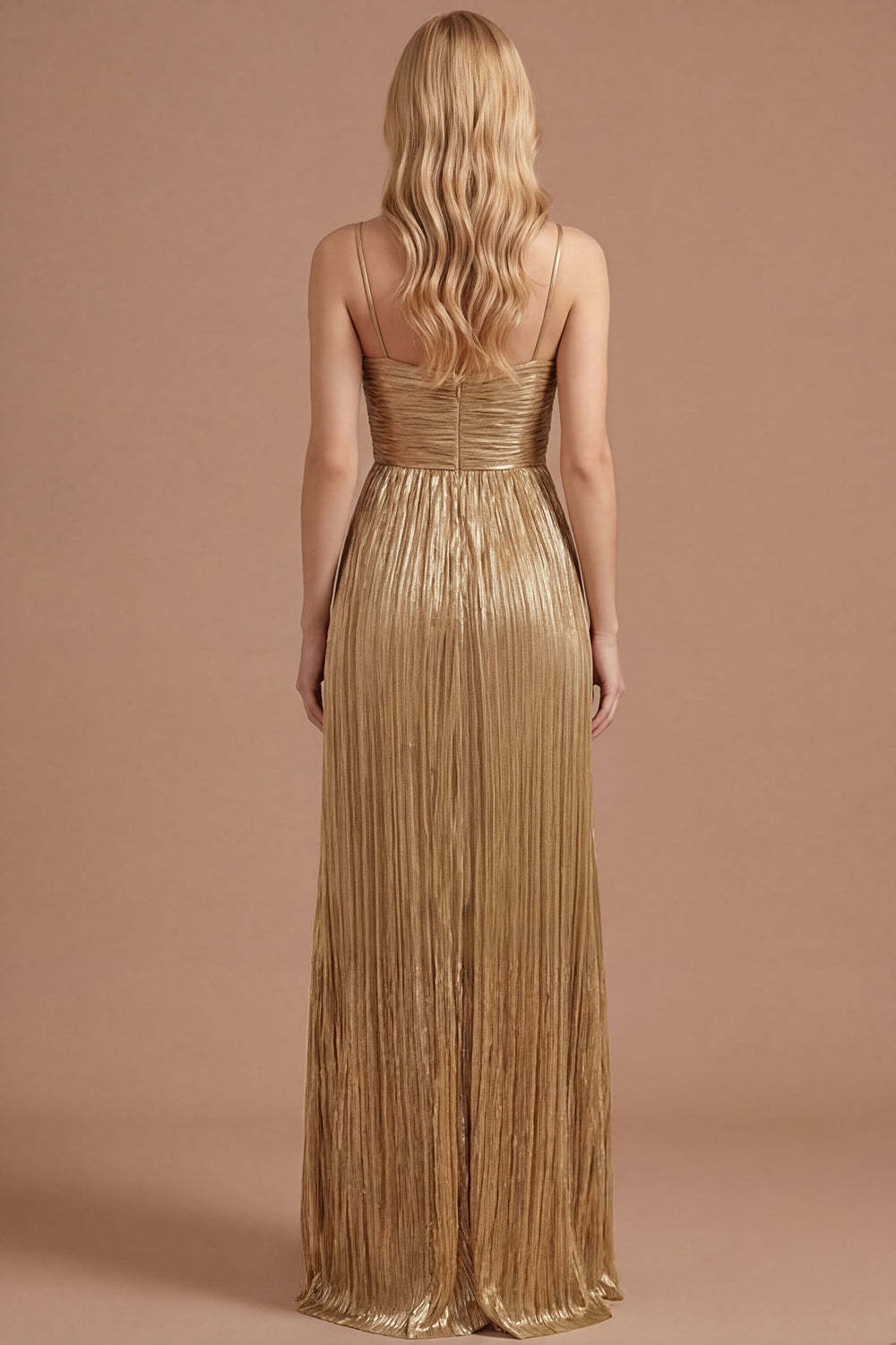 Gold Spaghetti Straps Pleated A Line Long Prom Dress