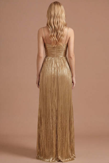 Gold Spaghetti Straps Pleated A Line Long Prom Dress