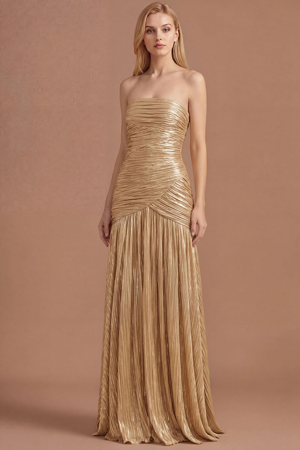 Leely Women Gold Strapless Sheath Pleated Long Prom Dress Backless Sleeveless Wedding Guest Dress
