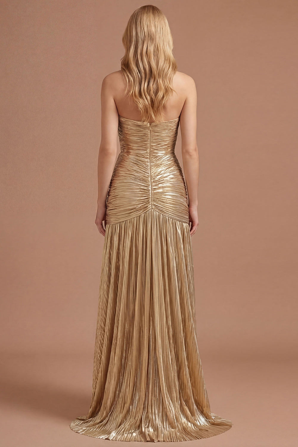 Gold Strapless Sheath Pleated Long Prom Dress