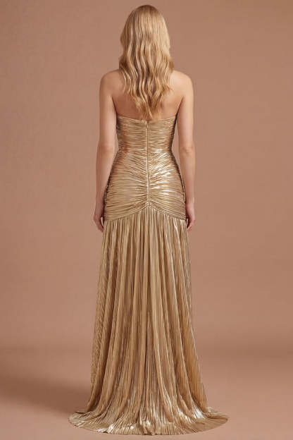 Gold Strapless Sheath Pleated Long Prom Dress