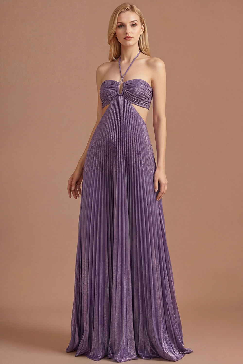 Leely Women Purple Halter Neck Pleated Backless Long Prom Dress Sleeveless A Line Wedding Guest Dress