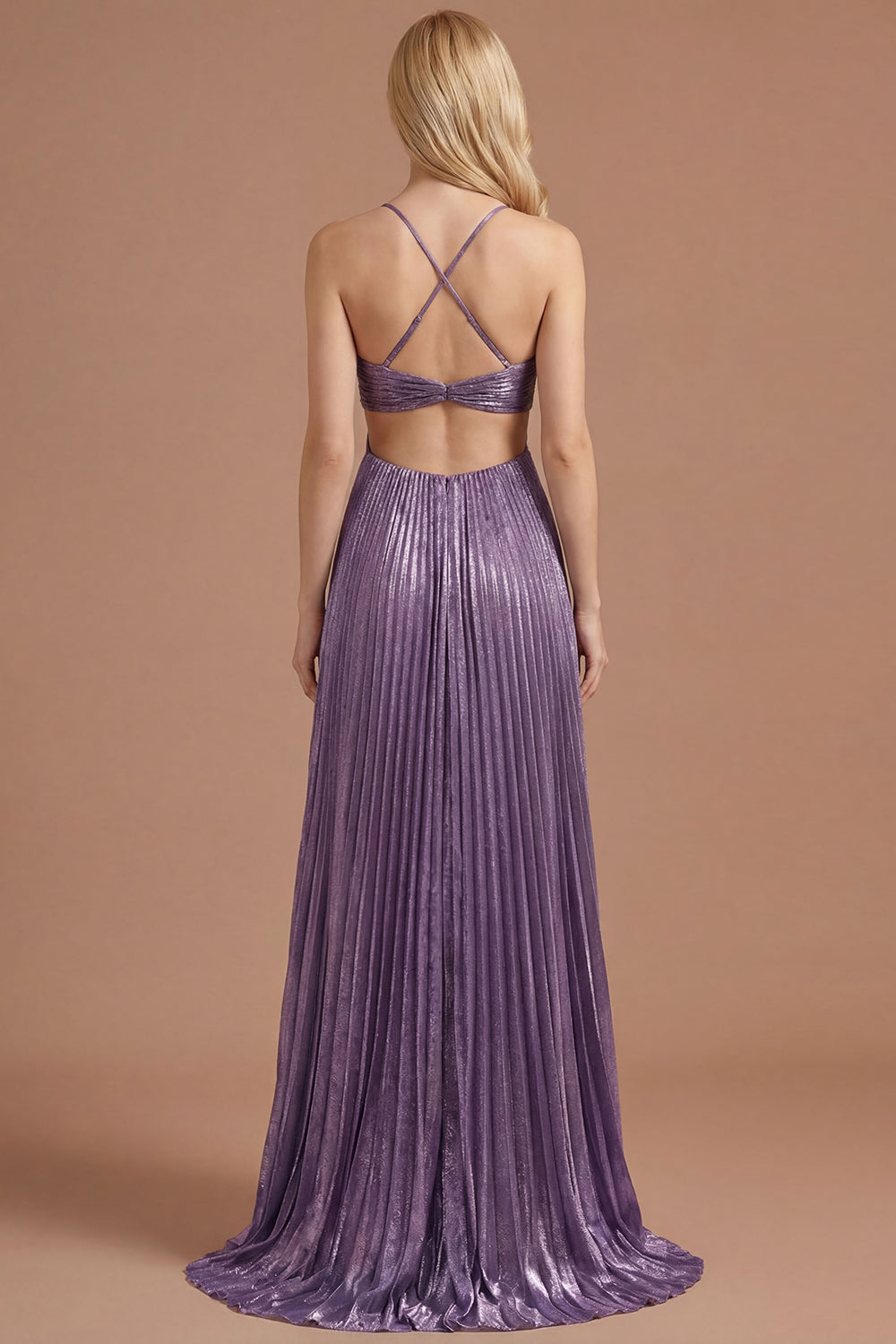 Purple Halter Neck Pleated Backless Long Prom Dress