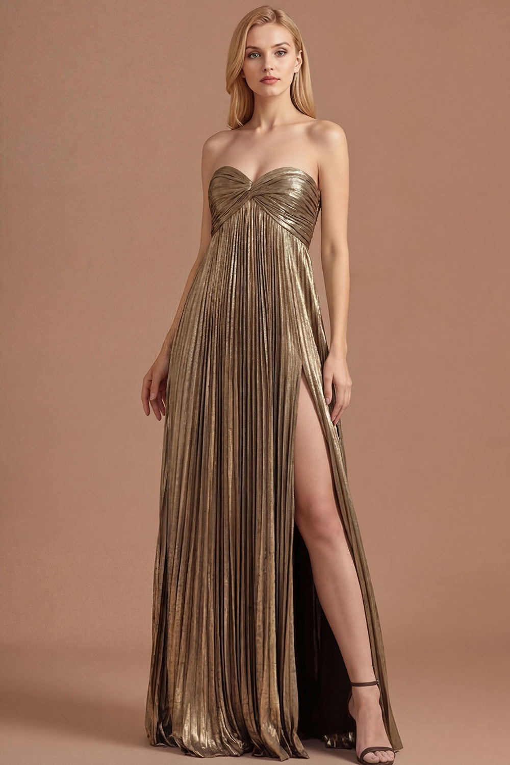 Leely Women Dark Gold Sweetheart A Line Long Prom Dress with Slit Pleated Backless Sleeveless Evening Dress