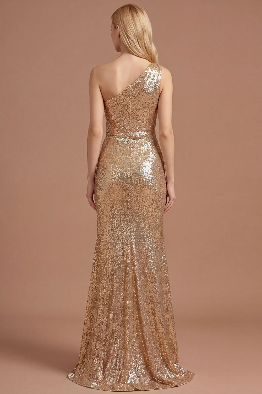 Gold Sparkly One Shoulder Ruched Sheath Long Prom Dress with Slit