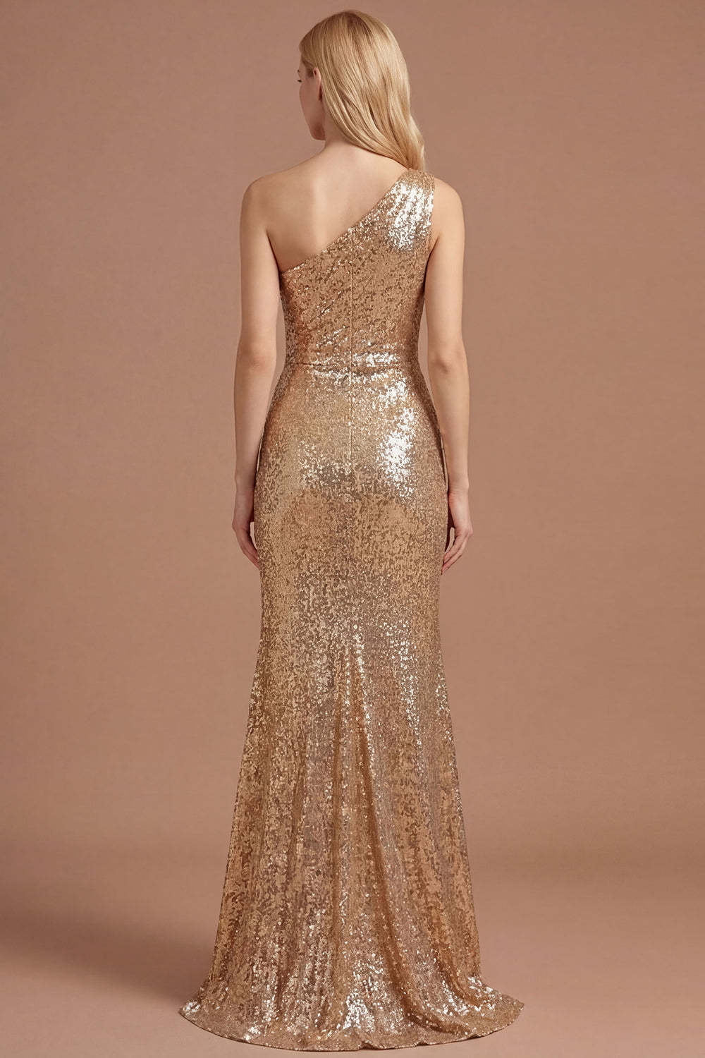 Gold Sparkly One Shoulder Ruched Sheath Long Prom Dress with Slit