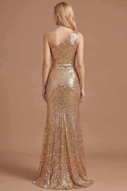 Gold Sparkly One Shoulder Ruched Sheath Long Prom Dress with Slit