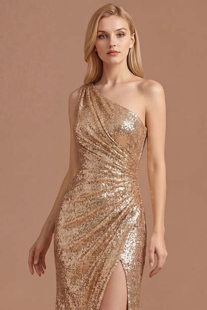 Gold Sparkly One Shoulder Ruched Sheath Long Prom Dress with Slit
