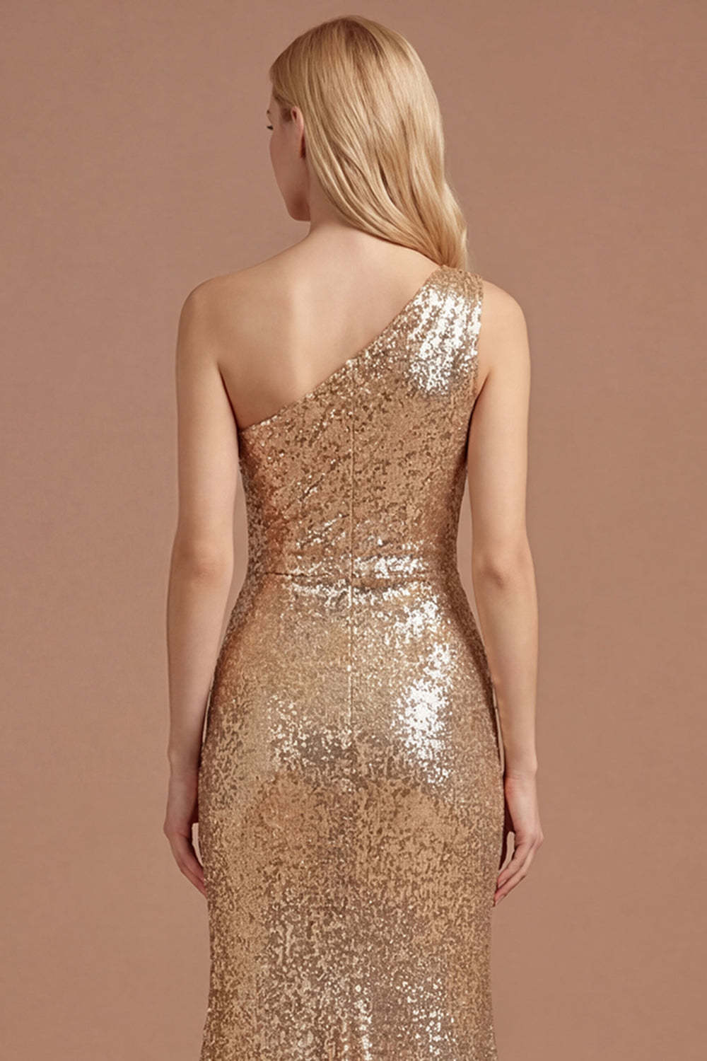 Gold Sparkly One Shoulder Ruched Sheath Long Prom Dress with Slit