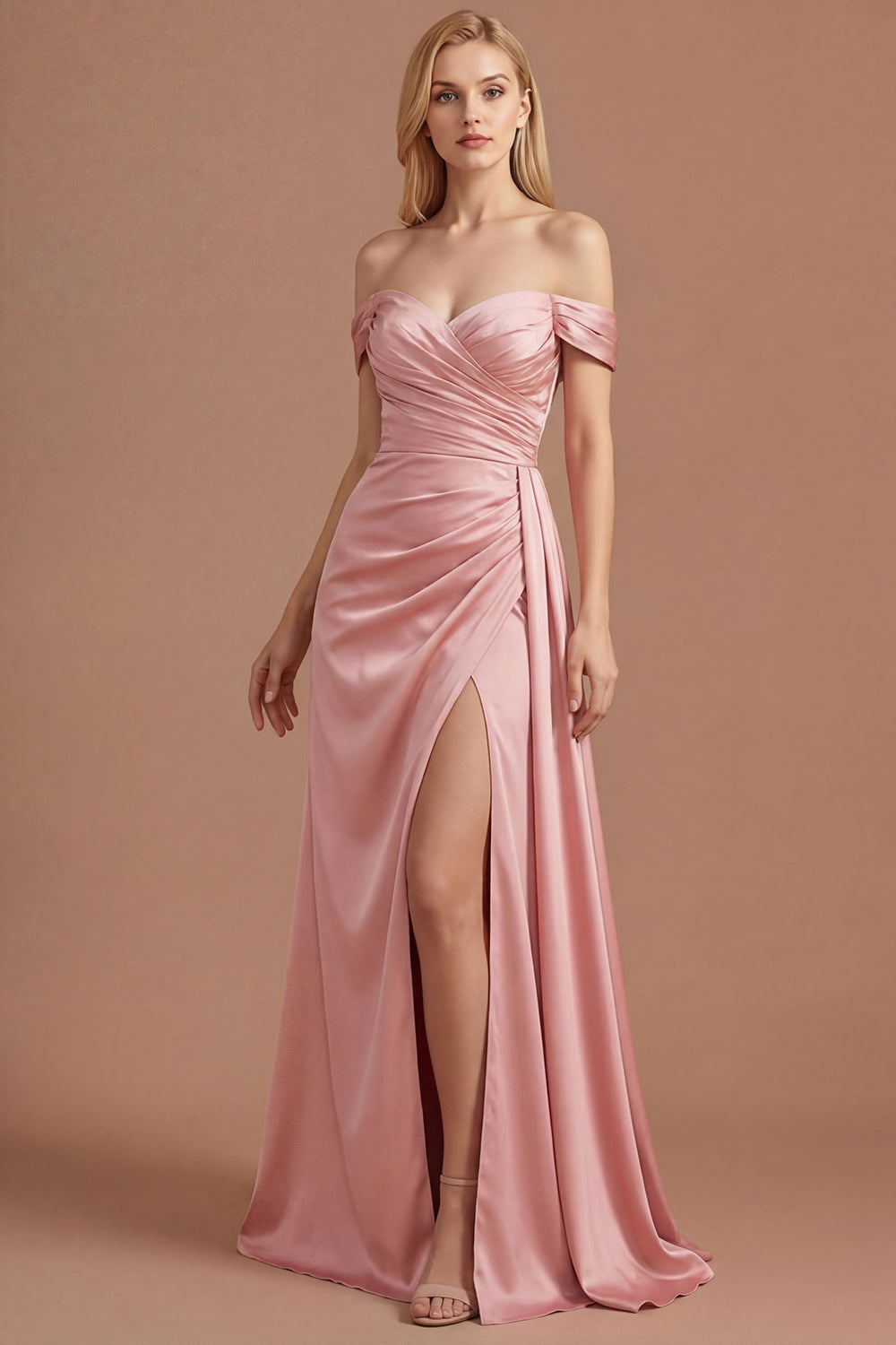 Leely Women Pink A Line Satin Ruched Long Prom Dress with Slit Off the Shoulder Backless Sleeveless Wedding Guest Dress