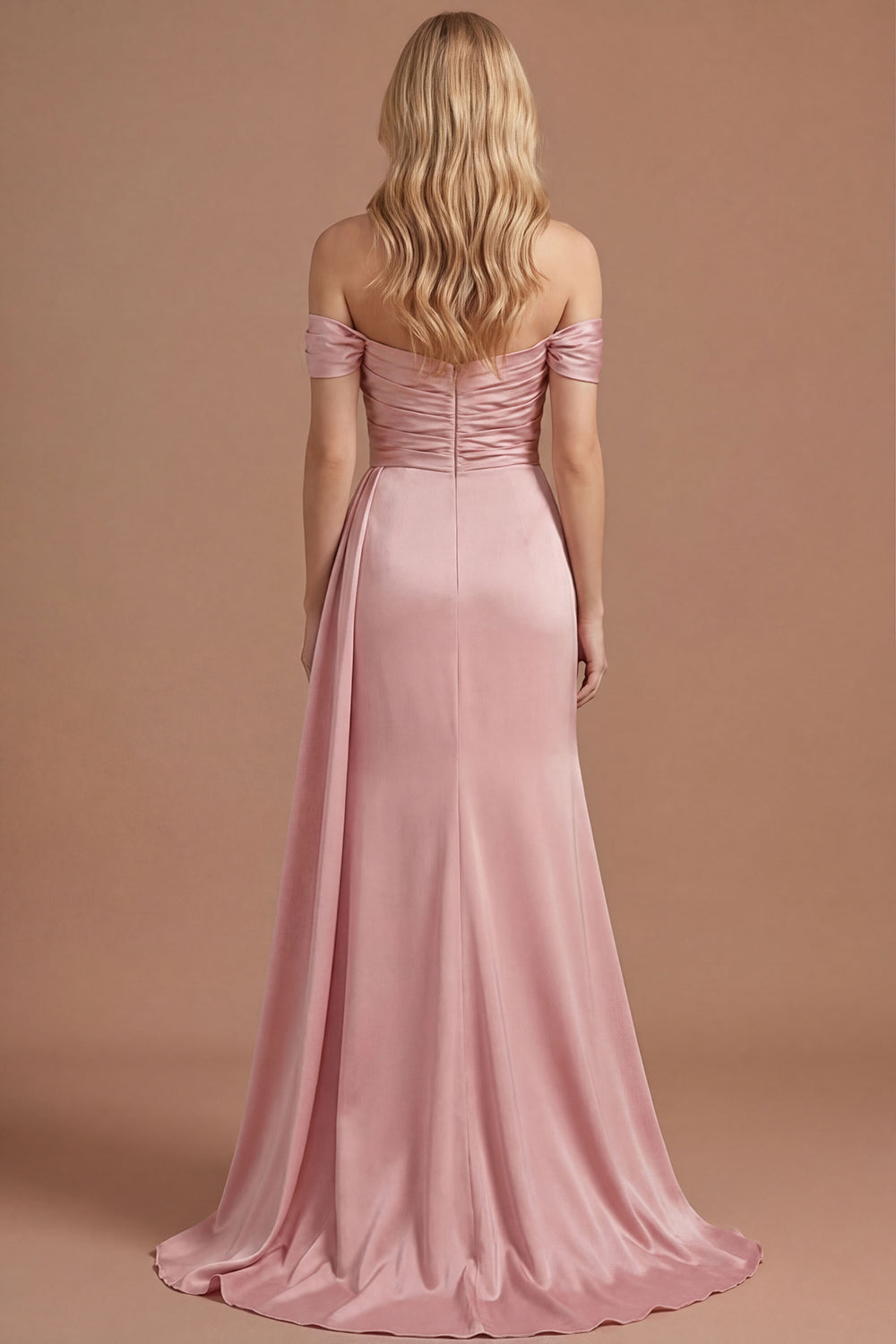 Pink Off the Shoulder A Line Satin Ruched Long Prom Dress with Slit