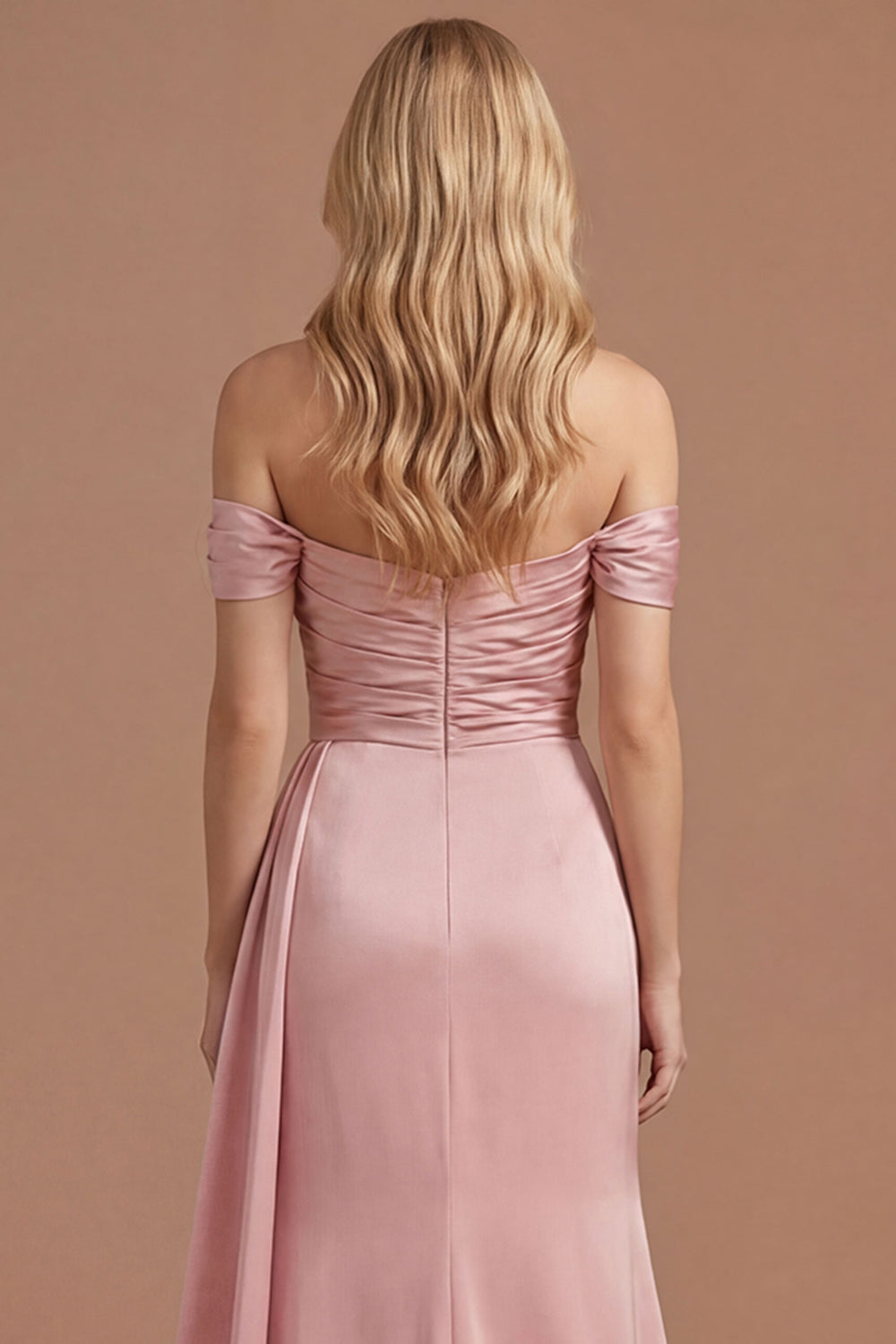 Pink Off the Shoulder A Line Satin Ruched Long Prom Dress with Slit