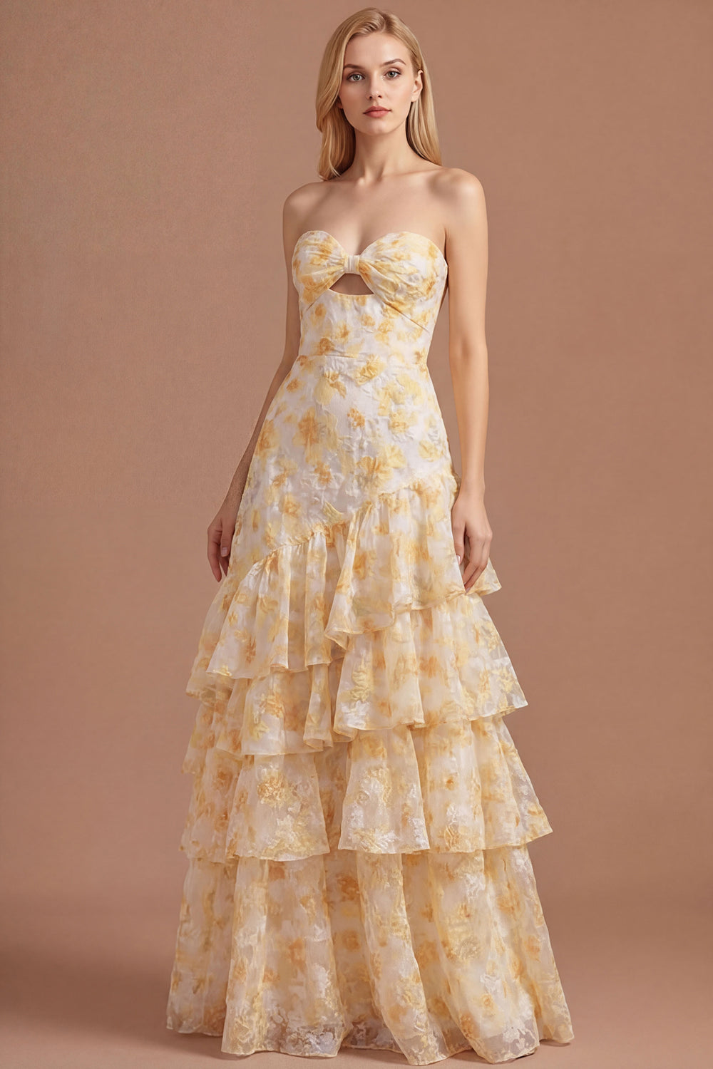 Leely Women Yellow Floral A Line Sweetheart Long Prom Dress Ruffled Tiered Backless Sleeveless Evening Dress