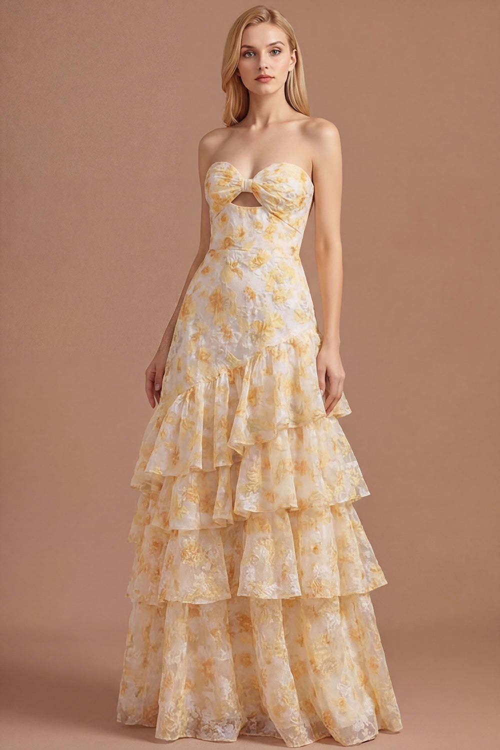 Leely Women Yellow Floral A Line Sweetheart Long Prom Dress Ruffled Tiered Backless Sleeveless Evening Dress