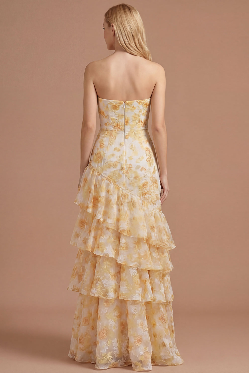 Yellow Floral A Line Ruffled Tiered Sweetheart Long Prom Dress